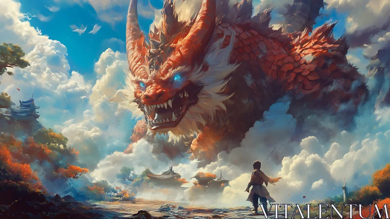 Colossal red dragon confronting lone child in luminous sky realm