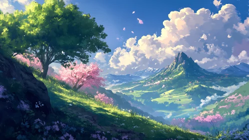 Digital painting landscape with spring valley and distant peak.