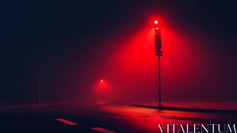 Red traffic light over empty foggy night intersection.