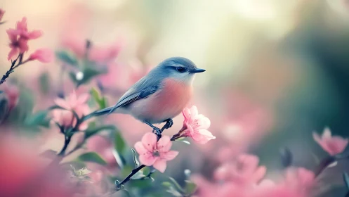 Small songbird on pink blossoms in soft pastel light.