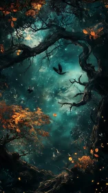 Digital painting of enchanted night forest with ravens framing sky.