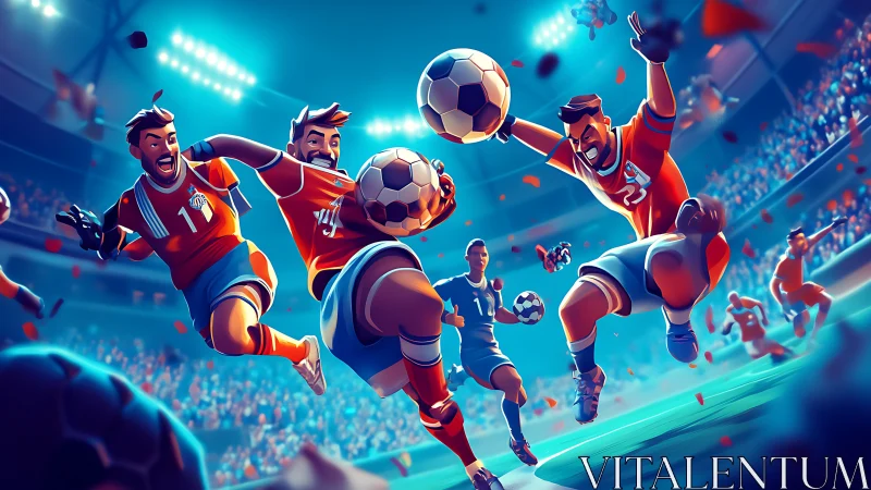 Dynamic soccer strikers leap toward goal in vivid stadium scene.