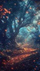 Luminous forest path with glowing particles and dense trees.