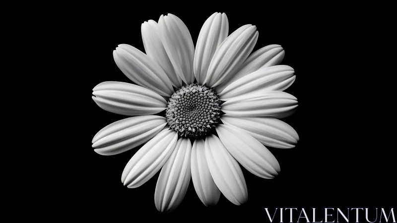 Monochrome close-up of daisy flower on solid black background.