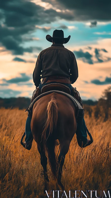 Rider on horseback moves through tall field under clouded sky