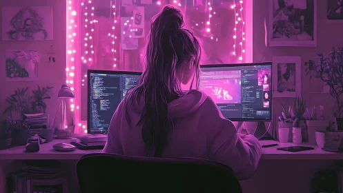 Neon-lit coder at dual monitors in cozy home studio.