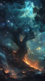 Cosmic world tree blazes through swirling nebula night sky.