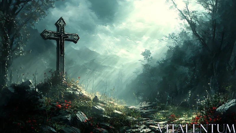 Weathered stone cross in misty forest ravine at dawn.