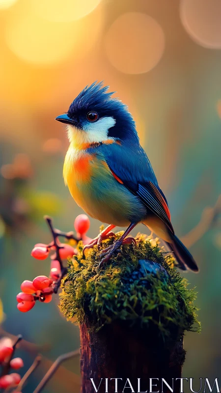 High-saturation songbird on mossy perch with bokeh backdrop