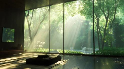Minimalist forest-view living space with soft morning light.