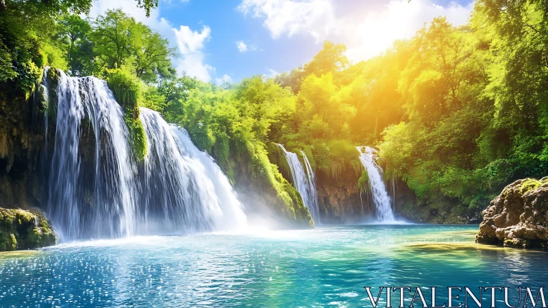 Sunlit emerald waterfalls cascading into turquoise lagoon.