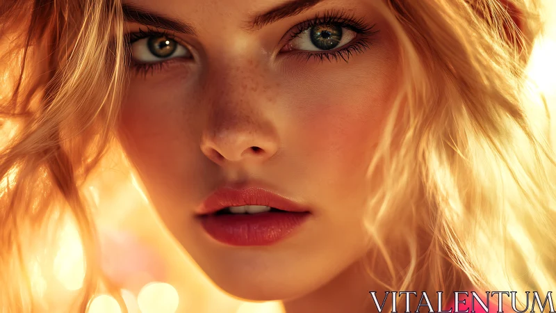 Close-up portrait of blonde woman in warm golden light.