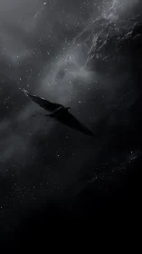 Dark bird silhouette in sparse cosmic dust field at night.