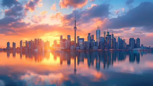 City skyline at sunset with colorful water reflections.
