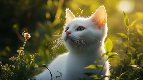 White Cat Among Spring Foliage: Rendered Digital Portrait.