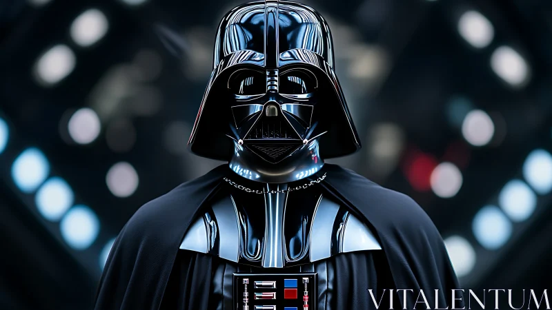 Dark armored figure in glossy helmet under studio lights.