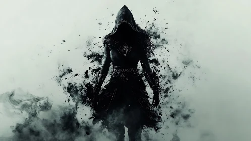 Shrouded dark mage emerges from swirling smoke and ash.