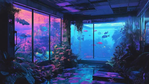 Interior observation room with neon aquatic landscapes.