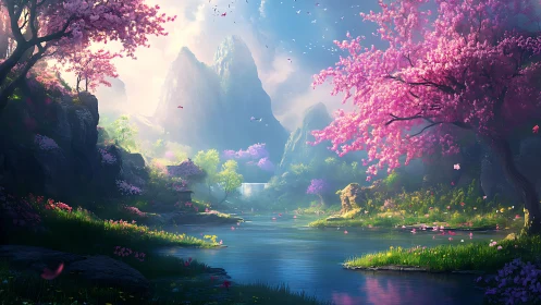 Digital landscape with river, blossoms, cliffs, and light mist.
