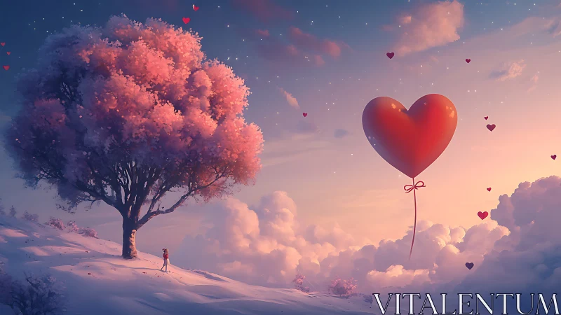 Romantic Heart Balloon Floating Over Pink Cherry Tree.