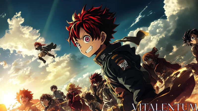 Skybound anime heroes charge through a burning horizon storm.