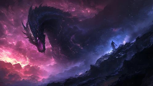 Cosmic dragon bends toward a lone hero on stormlit ridge