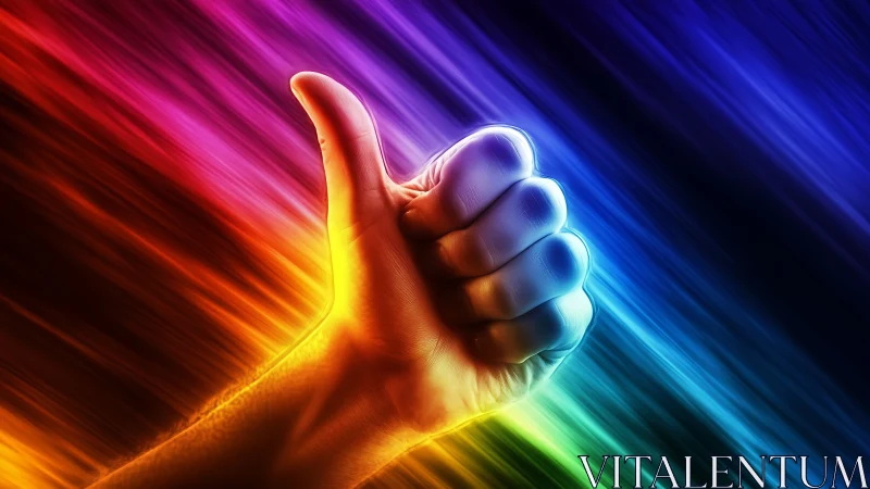 Human hand thumbs-up gesture amid diagonal color streaks.