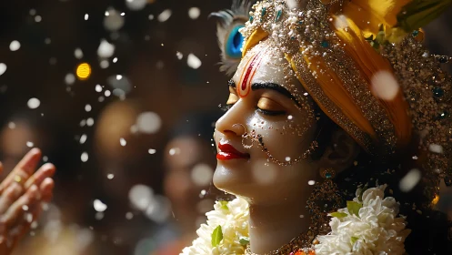 Divine festival radiance crowns a serene, jeweled deity portrait.