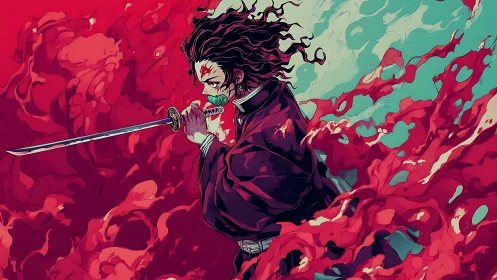 Samurai swordsman advances through abstract crimson energy field