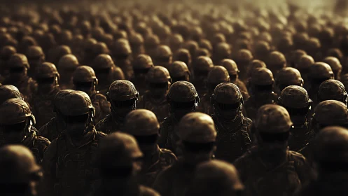 Dense formation of uniformed soldiers in low warm light.