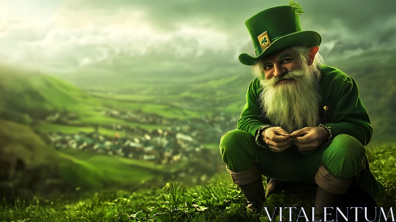 Leprechaun portrait on emerald hillside overlooking valley.