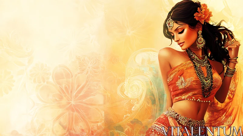 Elegant Woman in Traditional Indian Attire, Vibrant Artistic Style.