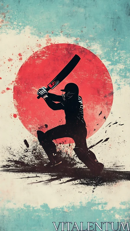 Dynamic cricket batsman silhouette strikes against red sun backdrop