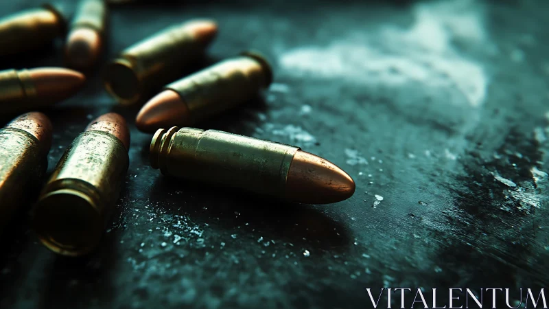 Scattered brass bullets rest on worn metallic blue surface