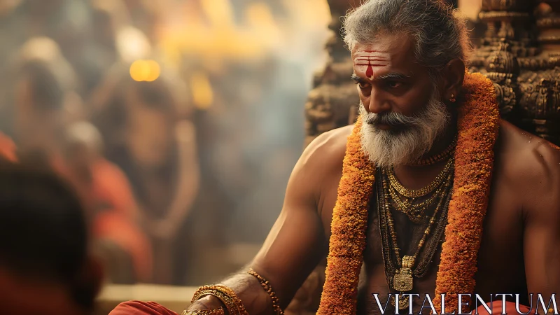 Firelit temple sage in marigold garlands and molten calm.