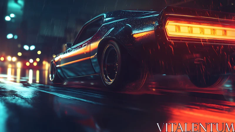 Muscle car rear view on wet neon lit city street at night.