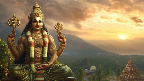 Hindu deity statue before temple valley at golden sunset.