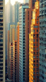 Dense high-rise corridor captures warm urban sunset glow