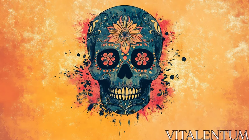 Ornate floral skull illustration on textured orange field.