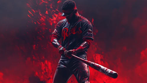 Baseball batter in red lighting with bat and uniform detail.