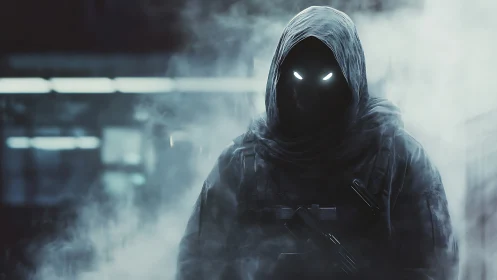 Mysterious hooded figure with glowing eyes in city fog.