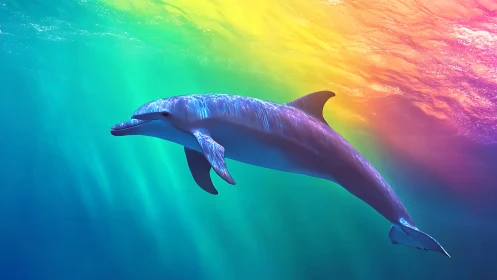Rainbow tide rider dolphin gliding through prism seas.