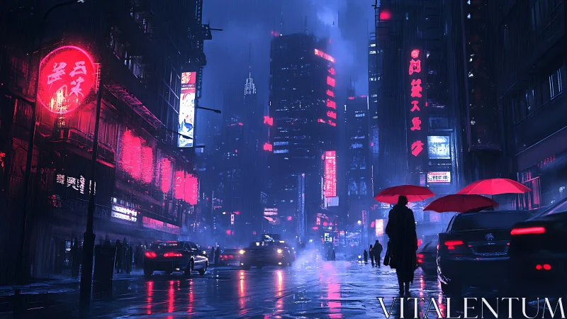 Neon rainwalkers under electric crimson city skies.