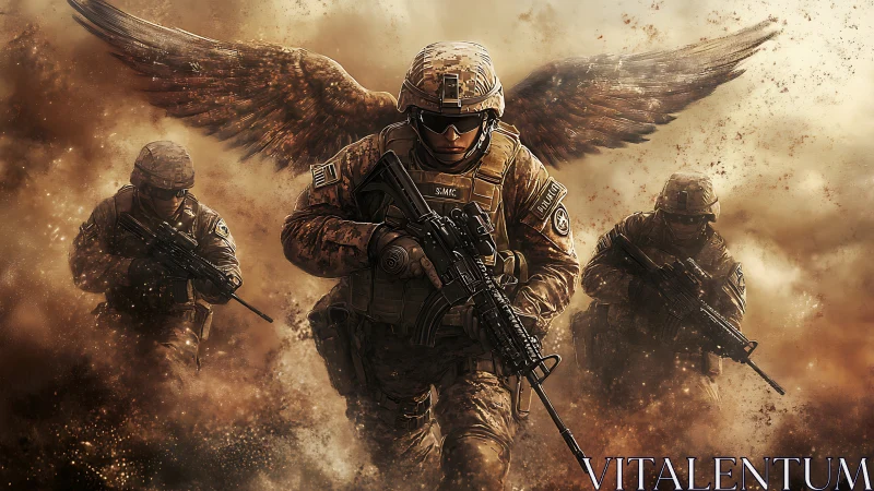 Armed soldiers advancing through dust with stylized wings.