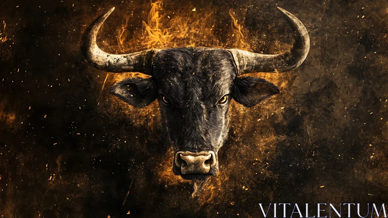 Fiery bull portrait framed by glowing embers on black field.