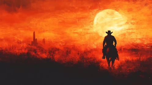 Lone cowboy rides toward a blazing red desert sunset.