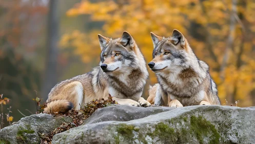 Two gray wolves resting on rock ledge in autumn forest.