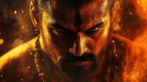 Fire-forged warrior glare framed in molten halo of embers.