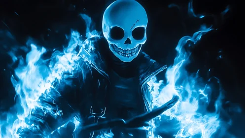 Bioluminescent skeletal rider enveloped in high-contrast blue flames