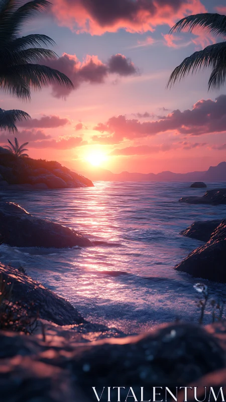 Tropical coastline glows under vivid digital sunset sky